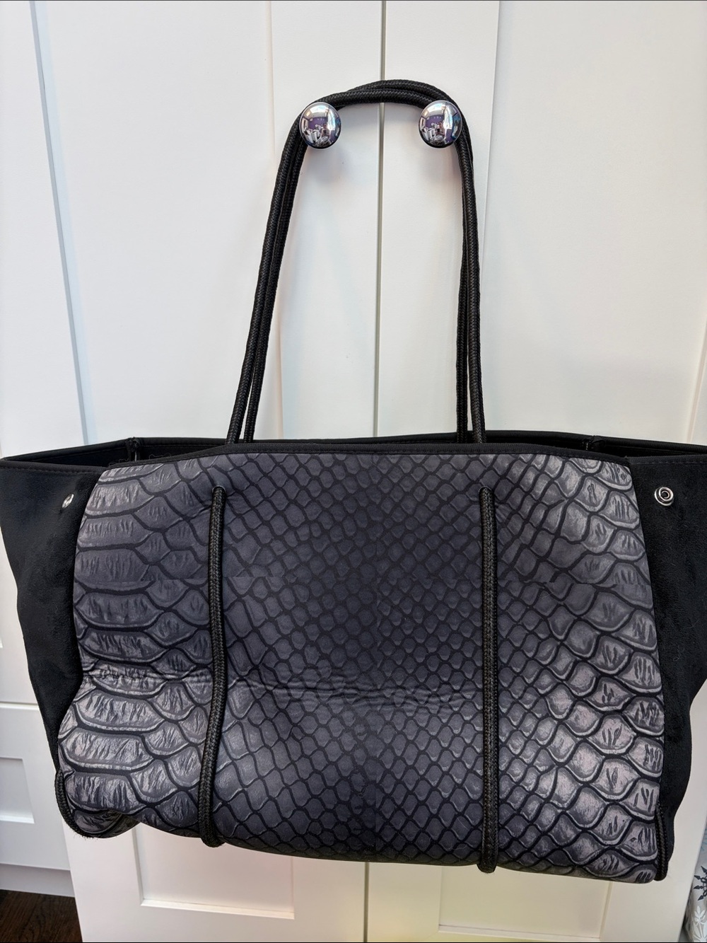 HAUTE SHORE Black Snake-Embossed Tote with Rope Handles